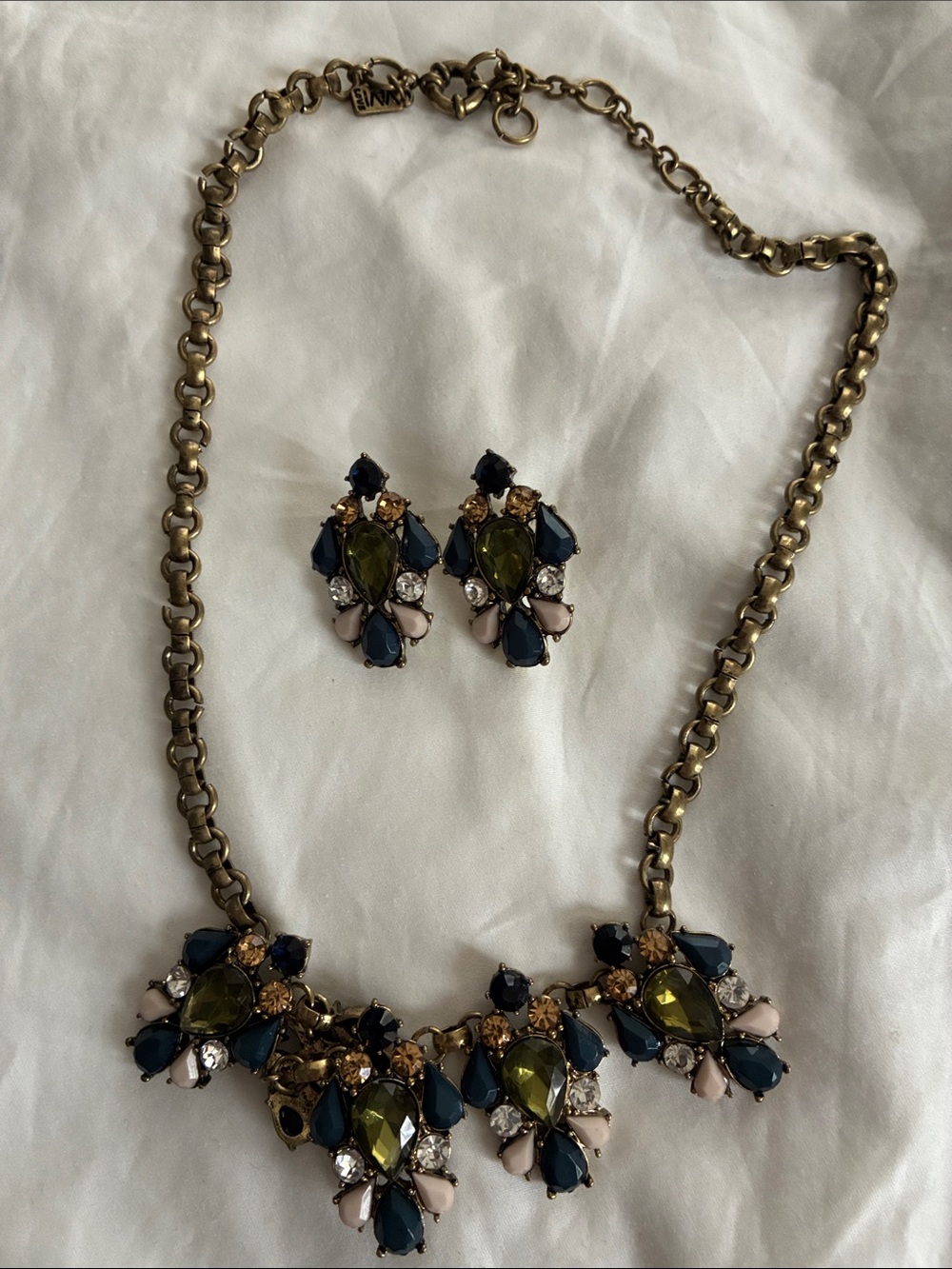 ViVl Statement Bib Necklace & Earrings Set in Olive, Navy & Pink